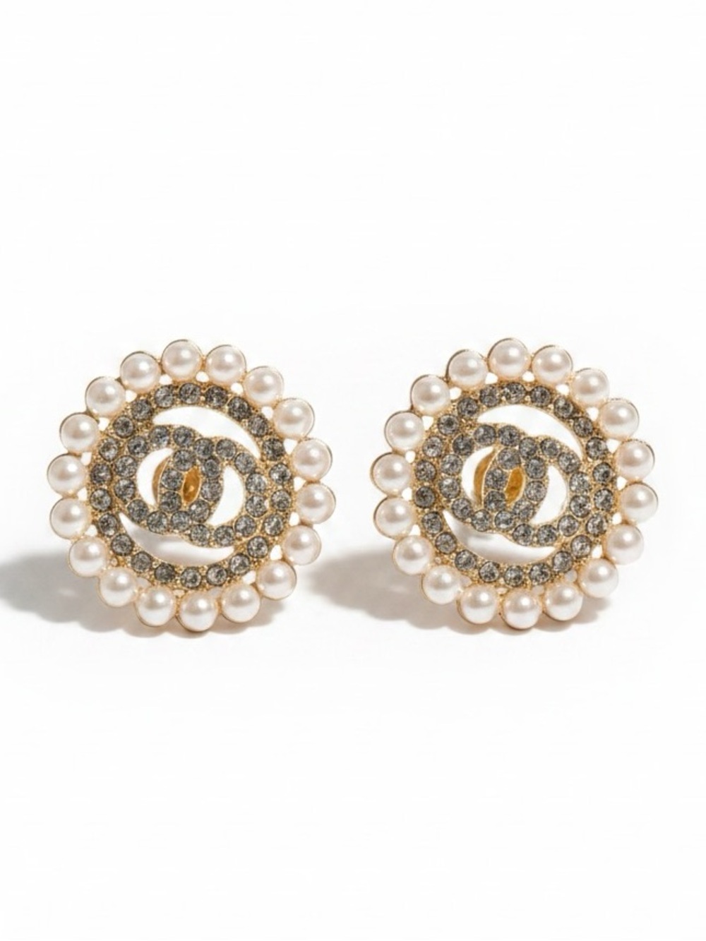 Gold-Tone Pearl‎ & Crystal CC Button Earrings